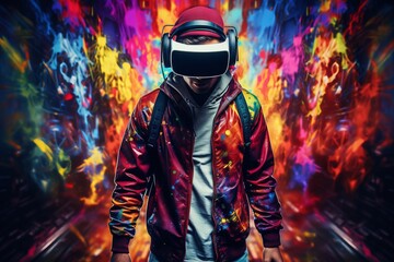 Obraz premium Young Man Experiencing Immersion in Virtual Reality, Engrossed in a Digitized World. Multicolored background.