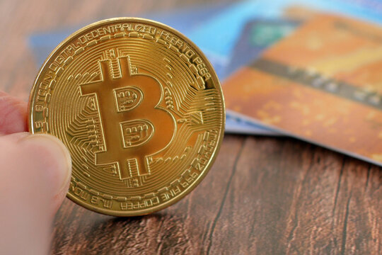 Bitcoin new virtual money and banknotes. Exchange bitcoin for euro. money Concept.