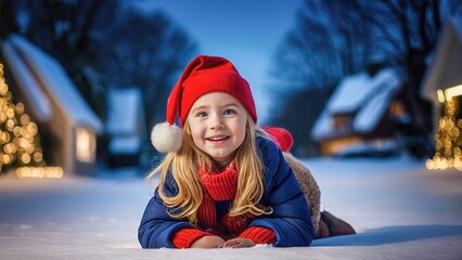 Joyful child in Santa hat and wearing Christmas dress, enjoying snowfall in a winter setting, perfect for Christmas-themed and festive family content. Generative AI.