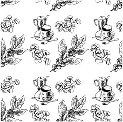 Pattern seamless of coffee tree ink drawing sketch for poster, fabric, cover, label packaging, name card, post card, brochure. Coffee pattern