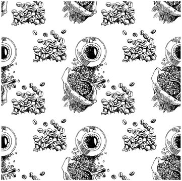 Pattern seamless of coffee tree ink drawing sketch for poster, fabric, cover, label packaging, name card, post card, brochure. Coffee pattern