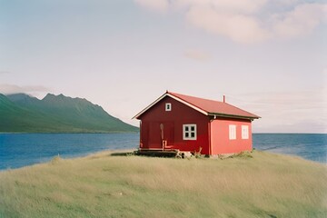 Red painted cottage on a island, The nordic house - obrazy, fototapety, plakaty