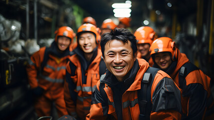 Group of uniformed Asian workers in hard hats and safety suits working in a warehouse or factory. - obrazy, fototapety, plakaty