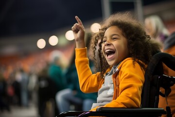 Photo of a girl in a wheelchair attending a sports event and cheering for her favorite team. Generative AI