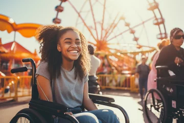 Foto auf Leinwand Photo of a girl in a wheelchair having a fun day out with friends at an amusement park. Generative AI © Aditya