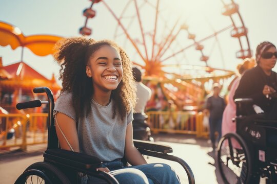 Photo of a girl in a wheelchair having a fun day out with friends at an amusement park. Generative AI