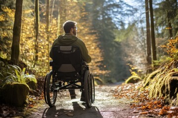 Photo of a man in a wheelchair accessing an outdoor adventure trail with assistance. Generative AI - obrazy, fototapety, plakaty