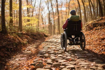 Poster Photo of a man in a wheelchair accessing an outdoor adventure trail with assistance. Generative AI © Aditya
