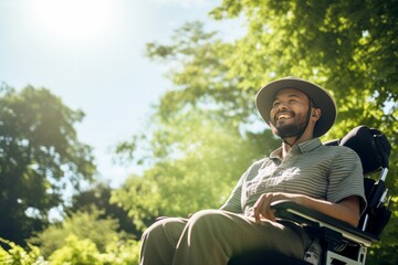 Photo of a man in a wheelchair enjoying a sunny day in the park. Generative AI