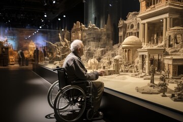 Fototapeta na wymiar Photo of a man in a wheelchair exploring a museum with accessible exhibits. Generative AI