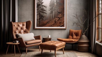 rustic living room with an armchair and a painting on the wall