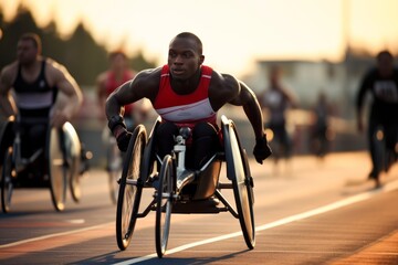 Photo of a man in a wheelchair participating in a wheelchair racing event. Generative AI