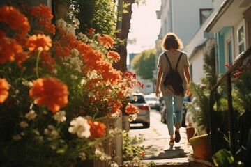 Person walking up city street surrounded by flowers. View from behind.