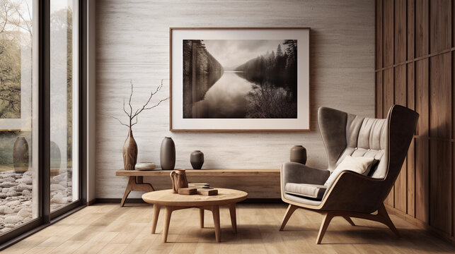 rustic living room with an armchair and a painting on the wall