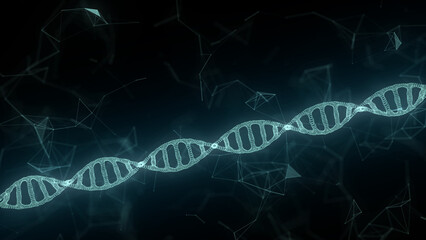 Abstract background with spiral DNA. Medical and heredity genetic health concept. Moving wave with dots and lines. Concepts gene cell. Technology science. Genome futuristic image. 3D rendering.
