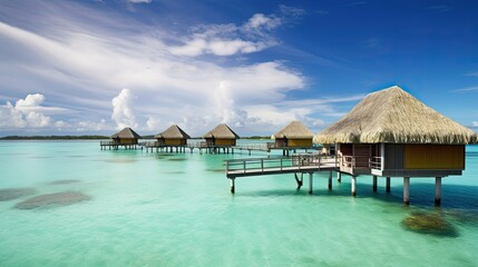 Fototapeta na wymiar Overwater Bungalows in Paradise Island: Photograph for Vacation Brochures