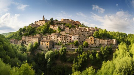 Fototapeta na wymiar A Panoramic View of a Charming European Village Nestled in the Hills