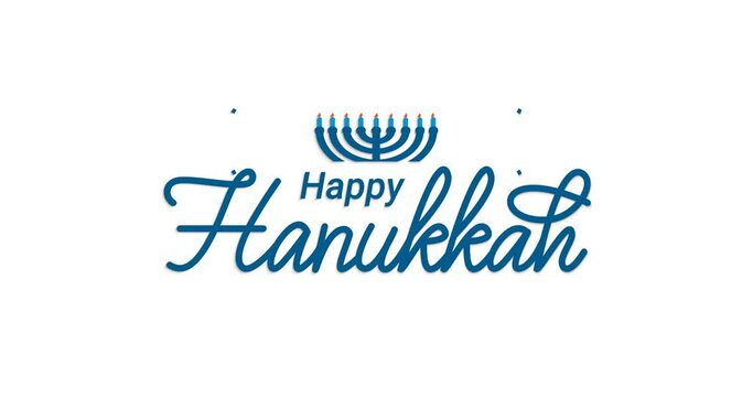 Happy Hanukkah animation. Handwriting text Animated with David star and lit candle ornaments on the white background alpha channel. Great for Celebrations and events. Transparent background