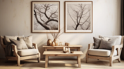 rustic living room with an armchair and a painting on the wall
