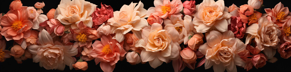 A panoramic arrangement of roses in soft peach and orange colors. Beauty of flowers. Peach Fuzz trend. Color of the 2024. Design for header, banner, or backdrop