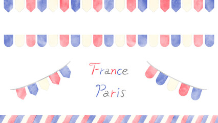 Tricolor decoration inspired by France, stylish hand-drawn watercolor illustration set / フランスをイメージしたトリコロールカラーの装飾、手描きのおしゃれな水彩イラストセット