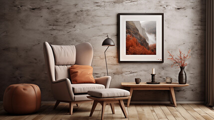 rustic living room with an armchair and a painting on the wall