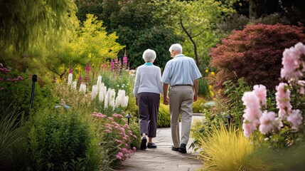 Senior Couple Enjoying Leisurely Walk in a Beautiful Garden