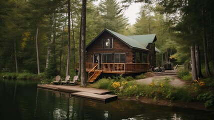 Obraz premium Lakeside Cabin Surrounded by Forests