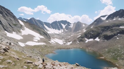 Fototapeta na wymiar Alpine, Snow-Capped Peaks and Crystal Lake