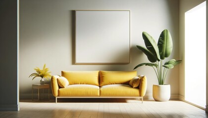 Modern minimalist living room with a bright yellow couch and a single large tropical flower in a pot and a blank canvas