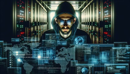 Creative photo of hacker in glasses at work illuminated only by the glow of server room and digital screen overlay
