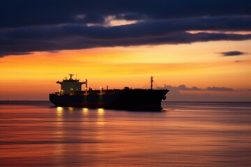 An oil tanker sailing at twilight, supporting global trade. Generative AI