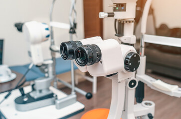 Ophthalmological clinic, eye care, selection of glasses. Optical equipment.