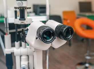 Ophthalmological clinic, eye care, selection of glasses. Optical equipment.