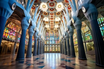 Captivating atmosphere: within the magnificent Sagrada Familia. Generative AI - obrazy, fototapety, plakaty