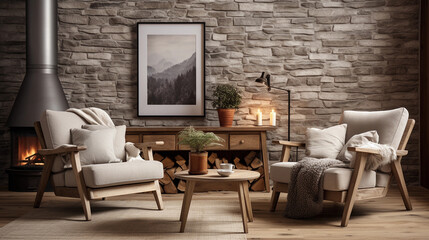 rustic living room with an armchair and a painting on the wall