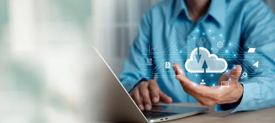 Foto op Canvas Business  using laptop with virtual popup icon of cloud computin Storage and data transfer Cloud network , Cloud technology. Networking and internet service concept. © A Stockphoto