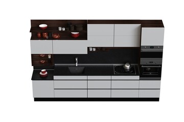 modern kitchen isolated on white background, home furniture, 3D illustration, cg render