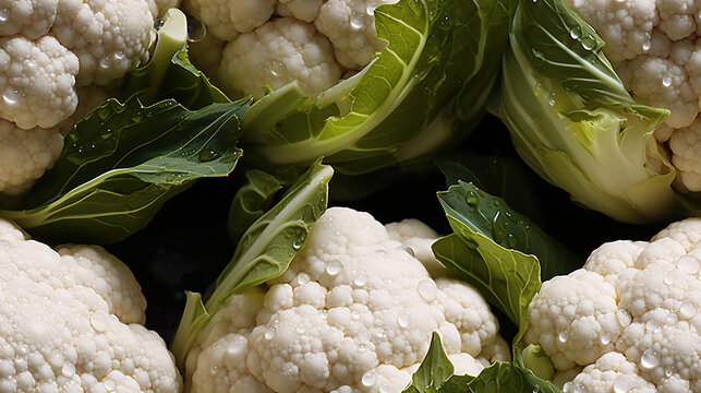 Group of Cauliflowers with Green Leaves Background Selective Focus