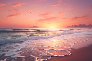 A serene beach scene at sunrise or sunset with soft pink and peach tones.  Peach Fuzz color of the...