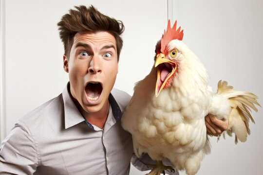 Hombre joven emocionado aguantando gallo en su mano derecha, fondo blanco