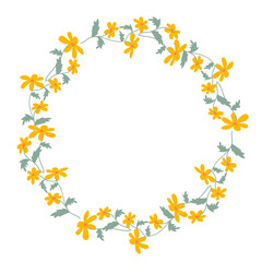 Circle floral draw frame vector illustration. Hand drawn doodle yellow flowers. Color Floral border.