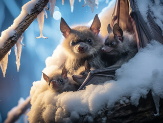 A Photo of a Bat and Her Babies in a Winter Setting