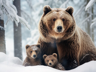 Obraz premium A Photo of a Bear and Her Babies in a Winter Setting
