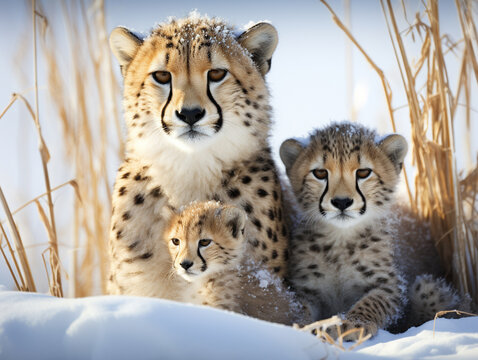A Photo of a Cheetah and Her Babies in a Winter Setting