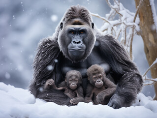 A Photo of a Gorilla and Her Babies in a Winter Setting