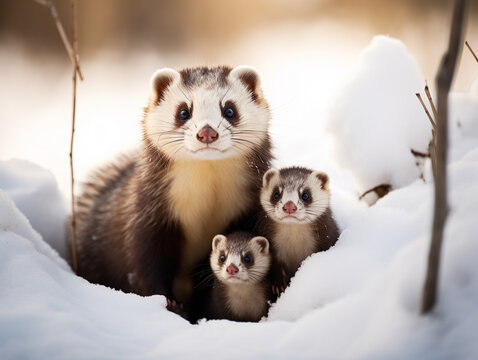 A Photo of a Ferret and Her Babies in a Winter Setting