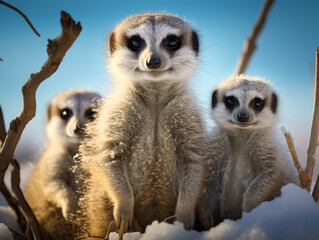 A Photo of a Meerkat and Her Babies in a Winter Setting