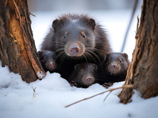 A Photo of a Mole and Her Babies in a Winter Setting