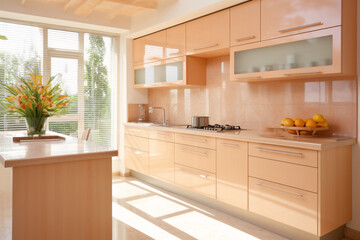 Sunlit modern kitchen with peach-toned cabinets. Warm interior design. Peach Fuzz color of the 2024. Suitable for banner or backdrop